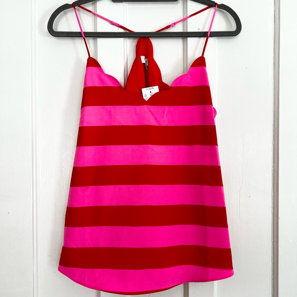 NWT J. Crew Red and Pink Scallop Neck Racerback Blouse